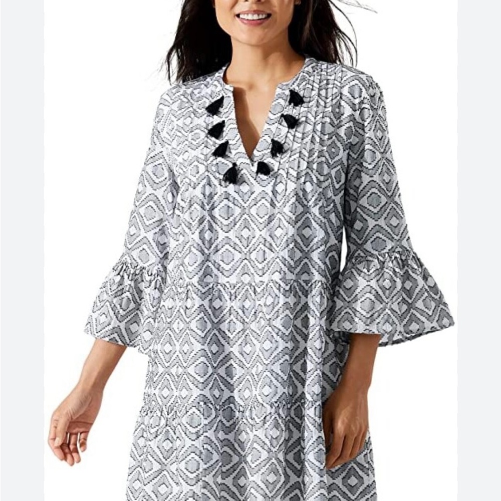 Tommy Bahama Diamond Clip Tiered Black and White Tassel Dress size S
